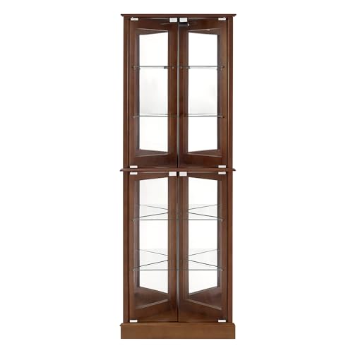 Corner Curio Cabinet with Lights, Glass Display Cabinet with Adjustable Tempered Glass Shelves & Mirrored Back, Walnut (Light Bulb Not Included)