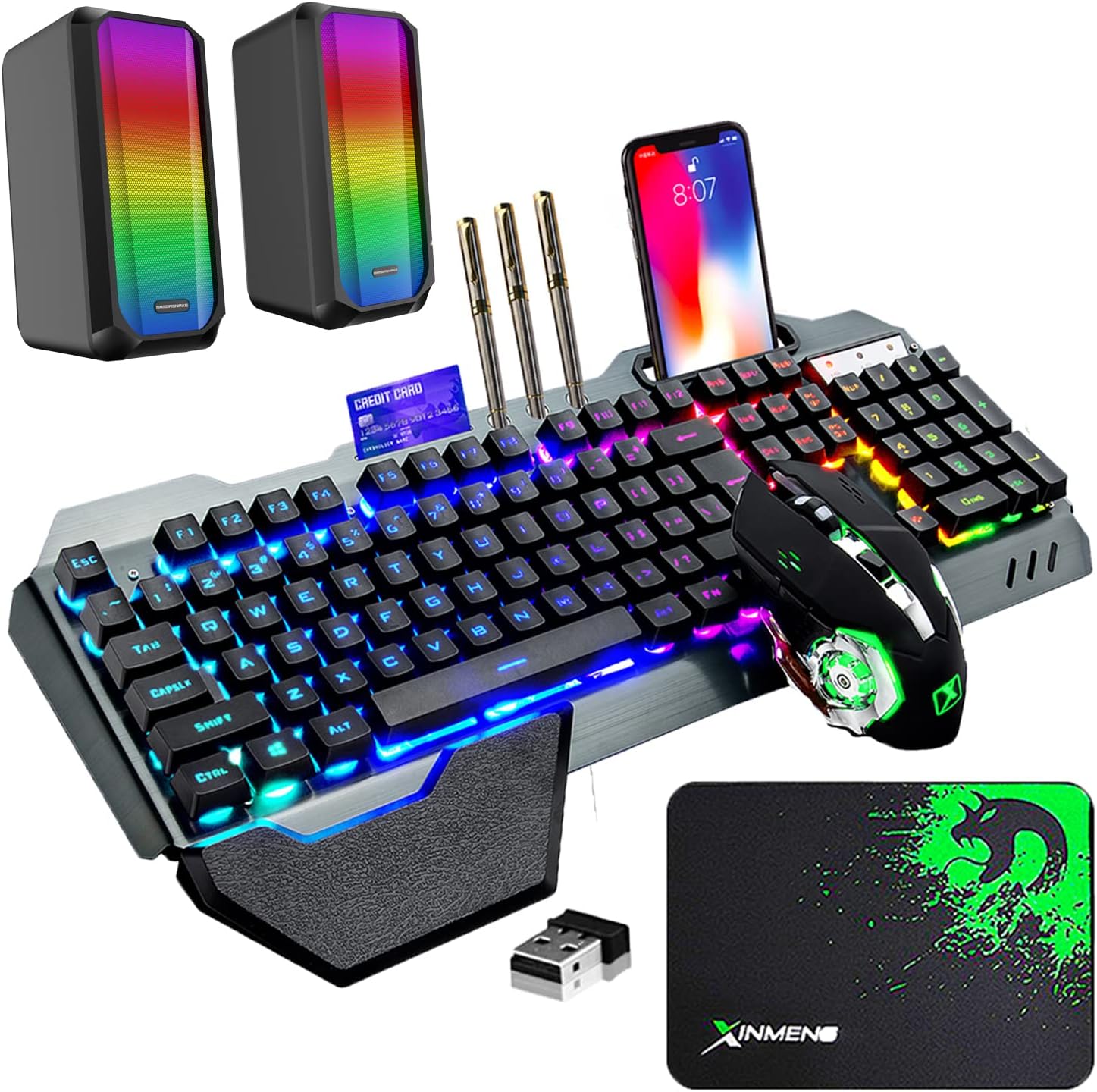 Wireless Gaming Keyboard Mouse and Wired Computer Speaker with Rainbow RGB Backlit Rechargeable Battery Metal Mechanical Ergonomic Waterproof Dustproof Removable Palm Rest for Laptop PC Gamer(Black)