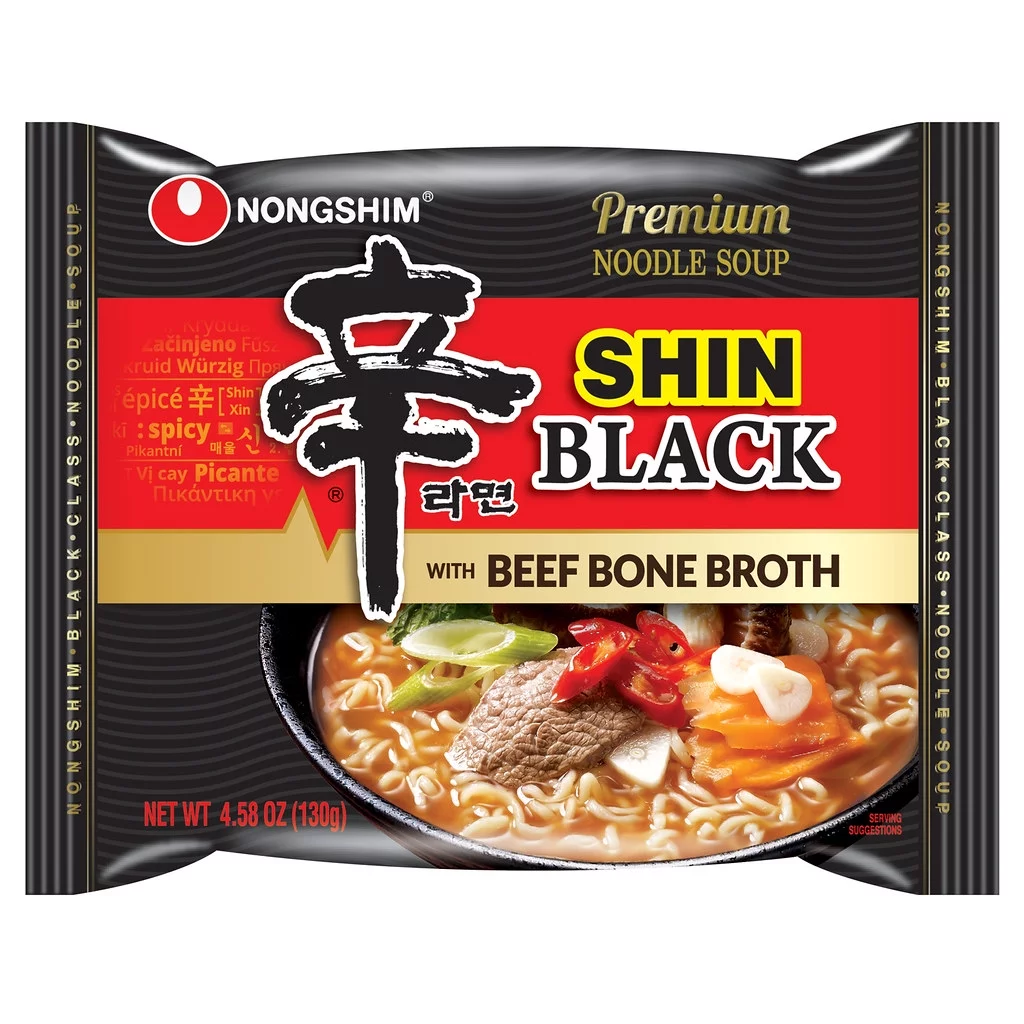 Nongshim Shin Black Spicy Beef & Bone Broth Ramyun Premium Ramen Noodle Soup Pack, 4.58oz X 10 Count