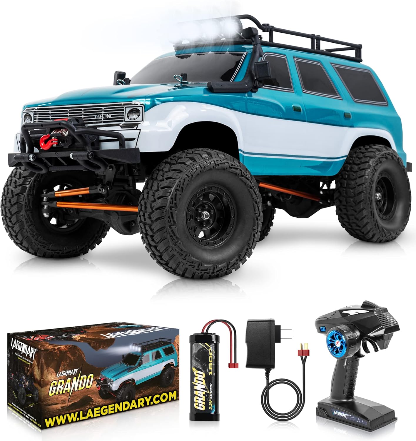 LAEGENDARY RC Cars - 4x4 Offroad Crawler Remote Control Truck for Adults and Kids - Fast Speed, Waterproof, Electric, Hobby Grade Car - 1:10 Scale, Brushed, Blue - Green﻿