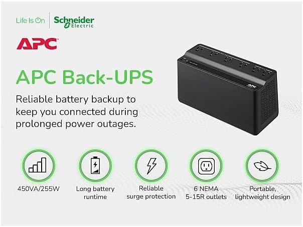 SCHNEIDER ELECTRIC BN450M-CA APC Back-UPS, 6 Outlets, 450VA, 120V, Retail
