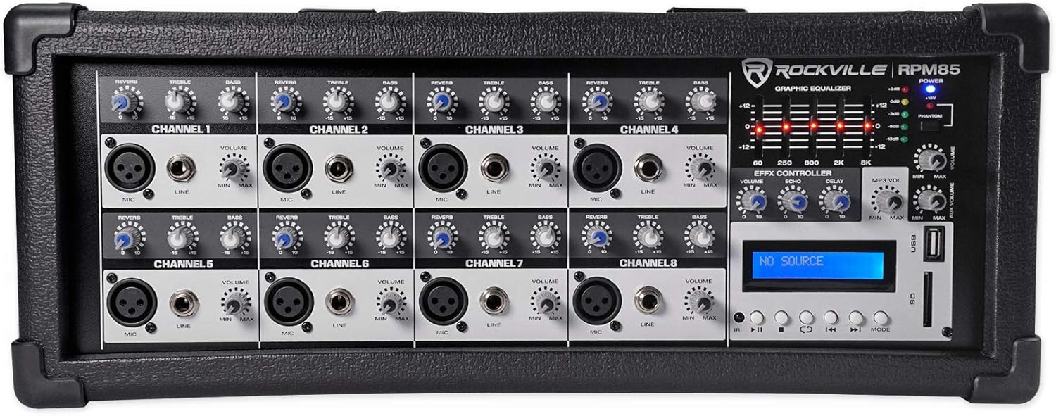 Rockville 12 Channel 4800w Powered Mixer, 7 Band EQ, Effects, USB, 48V (RPM109)