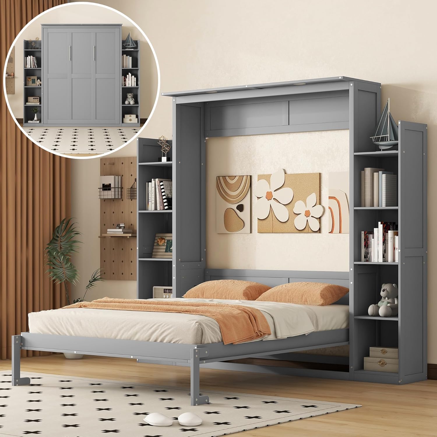 WADRI Queen Size Murphy Bed Wall Bed with Bookshelf, Can Be Folded Into Cabinet, Solid Wood Murphy Bed Chest Cabinet Bed for Guest Room Bedroom Office, Maximize Space Savings (Gray-sd1)