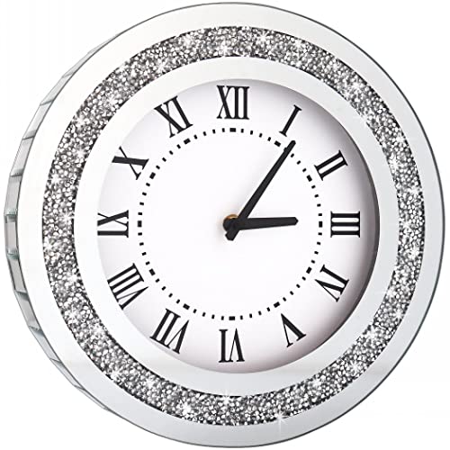 DMDFIRST Crystal Crushed Diamond Mirrored Round Wall Clock 16x16x2 inches for Wall Decoration Silver Glass Mirror Clock Sparkle Twinkle Bling Home Decor. AA Battery is not Included.