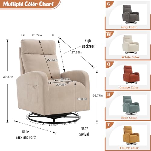 Swivel Rocking Chair Nursery, Modern Glider Chair with Side Pocket and High Backrest, Upholstered Nursery Glider Rocker, Comfy Nursing Chair Recliner for Living Room Bedroom, Reading Room, White Teddy