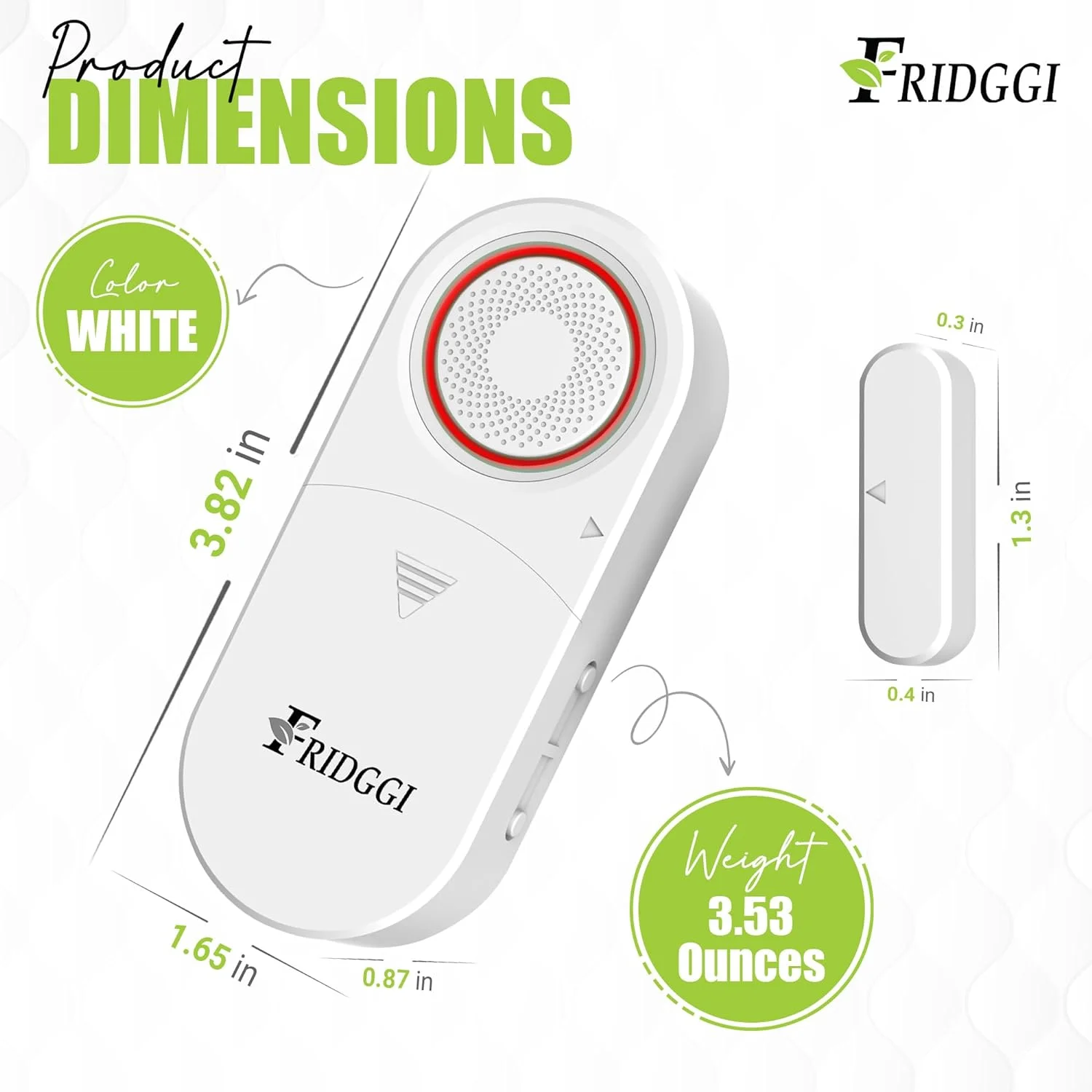 FRIDGGI - 3in1 Alarm - Door Ajar, Chime with Delay, 0/5/10/30/60 Seconds, 2/5 Minutes, Close Door Reminder, 80 to 120 dB, Time Delay Alarm for Freezer, Home, Shop (White)
