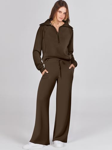 Caracilia Womens 2 Piece Outfits Sweatsuit Set Half Zip Oversized Sweatshirt Wide Leg Sweatpant Fall Lounge Sets Tracksuit