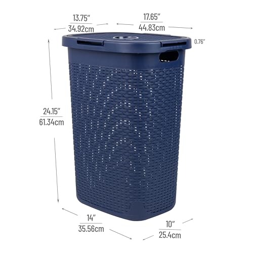 Mind Reader 60L Slim Laundry Hamper, Clothes Basket, Lid, Wicker Style, Plastic, 17.65
