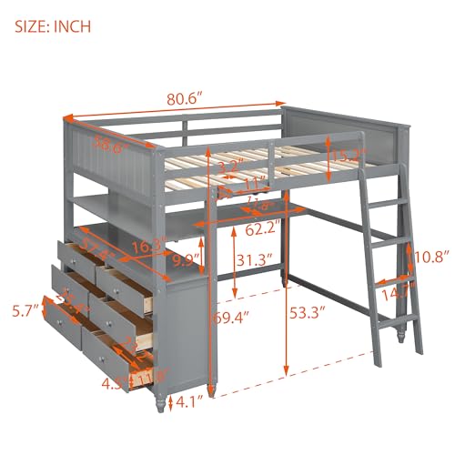 Gray Twin Loft Bed with Storage Cabinet and Desk, Wooden Loft Beds Frame with Bookcase and Shelves, Modern Twin size Loft Bunk Bed for Kids Teens Adults Boys & Girls (Twin, Gray)