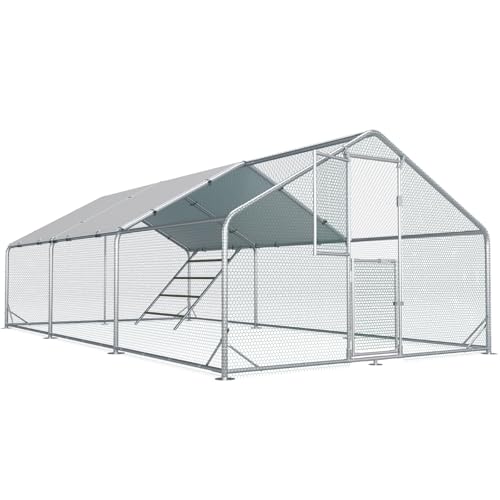 Large Chicken Coop,Metal Chicken Run for Yard with Feeding Door,Walk-in Chicken Pen for 20-30 Chickens,Outdoor Poultry Cage with Anti-UV Cover,Duck Rabbit House