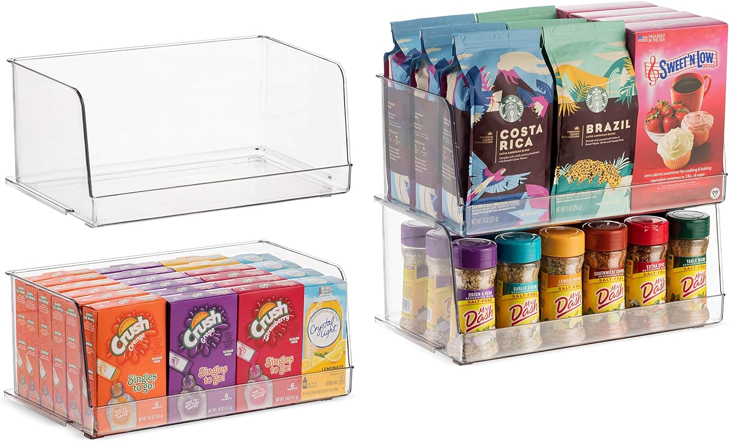 Set Of 4 Clear Pantry Organizer Bins Stackable Household Plastic Food Storage Basket with Wide Open Front for Kitchen, Countertops, Cabinets, Refrigerator, Freezer, Bedrooms, Bathrooms - 12