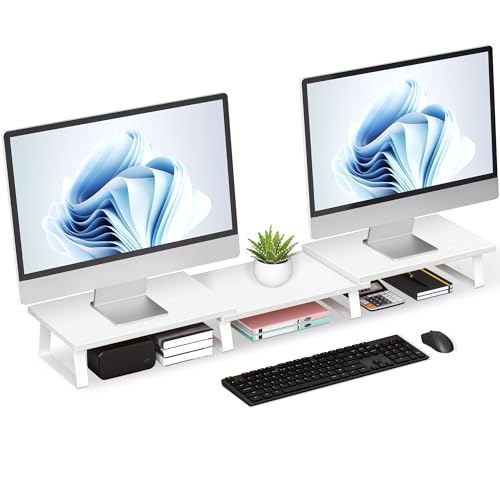 Aothia Large Dual Monitor Stand - Computer Monitor Stand, Desk Shelf For Monitor,Wood Monitor Stand With Adjustable Length And Angle,Desktop Organizer,Large Monitor Stand For Pc,Laptop(Light Gray)