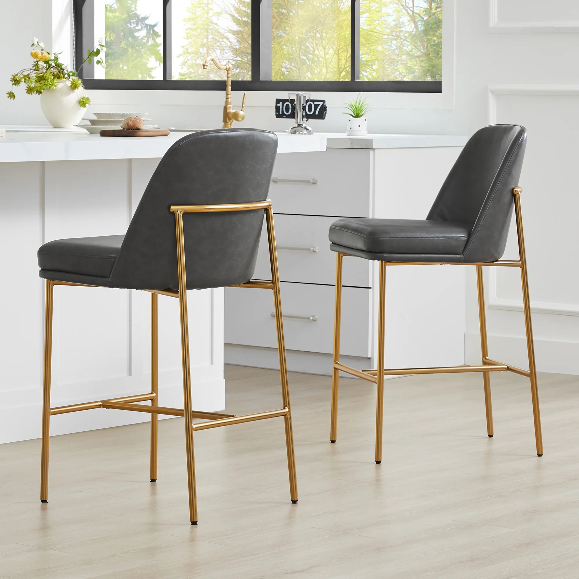 CHITA Modern Counter Height Bar Stool Set of 2, 27 inch Counter Stool with Back & Metal Legs, Faux Leather in Retro Gray