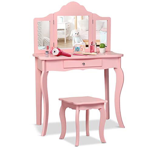 HONEY JOY Kids Vanity Set with Mirror, 2-in-1 Wooden Toddler Vanity Table with Stool, Tri-Folding Mirror & Drawer, Removable Top, Princess Pretend Play Beauty Makeup Vanity for Little Girls (White)