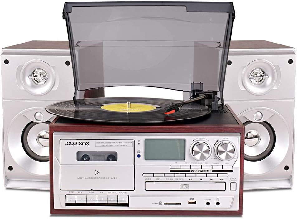 LoopTone Vinyl Record Player with Dual 15W External Speakers 9 in 1 3 Speed Bluetooth Vintage Turntable CD Cassette Player AM/FM Radio USB Recorder Aux-in RCA Line-Out