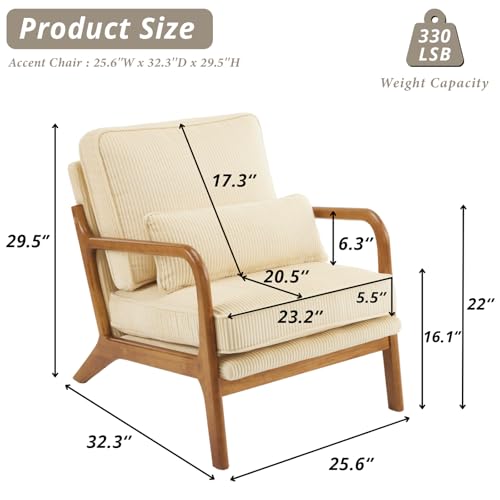 Karl home Accent Chair Mid-Century Modern Chair with Pillow Upholstered Lounge Arm Chair with Solid Wood Frame & Soft Cushion for Living Room, Bedroom, Balcony, Linen White (Low Back)