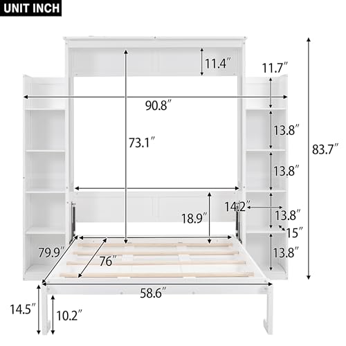 Full Size Murphy Bed Wall Bed with Shelves and Led Lights, Easy Fold Wood Wall Bed, Space-Saving Murphy Bed Cabinet for Guest Room Home Office, White