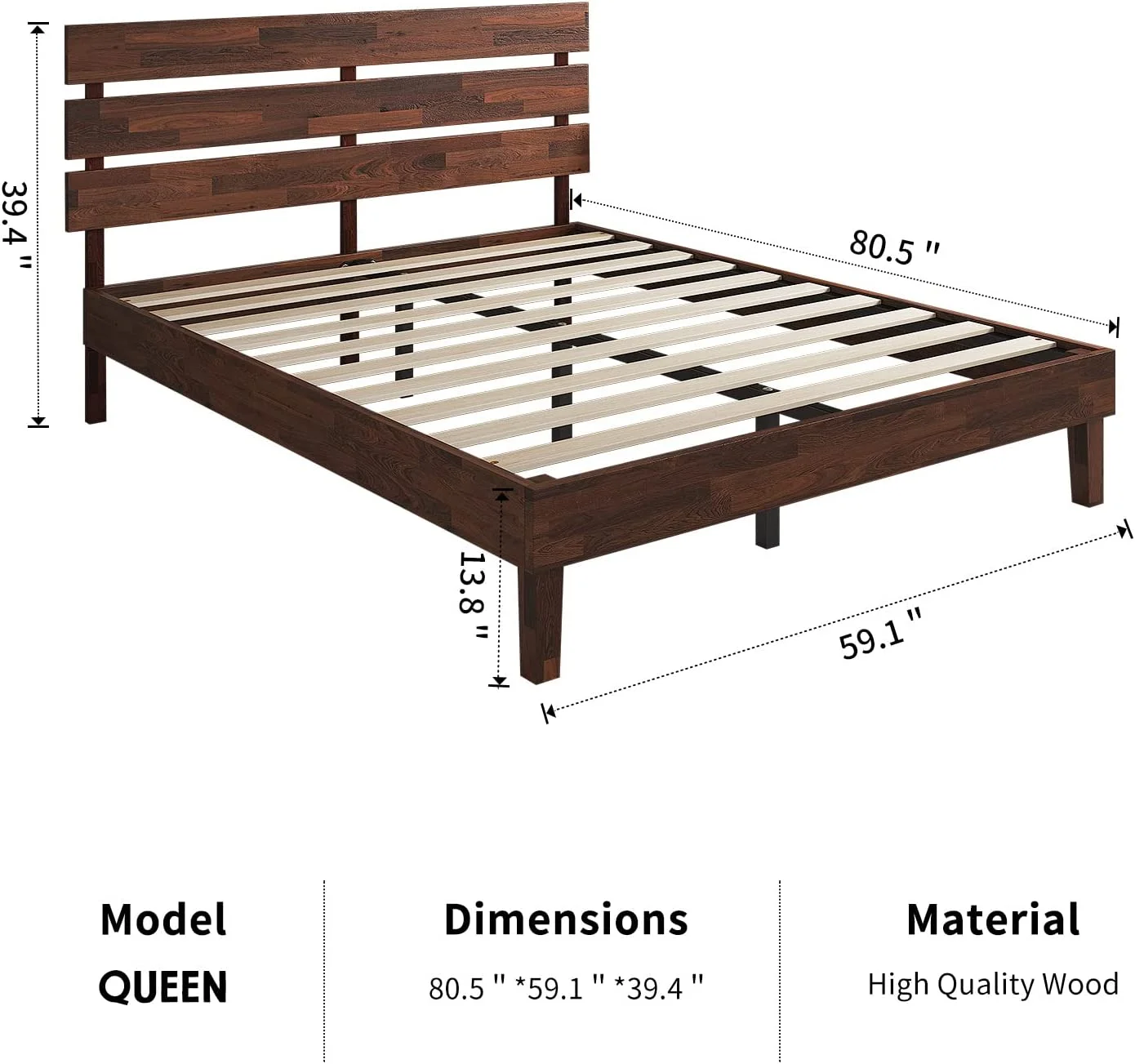 Wood Bed Frame with Headboard/Solid Wooden Platform Bed/Sturdy Wood Foundation/No Box Spring Needed/No Noise / 14 Inch  Queen
