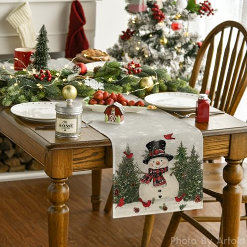 Artoid Mode Snowman Christmas Birds Trees Table Runner, Seasonal Winter Xmas Holiday Kitchen Dining Table Decoration for Indoor Outdoor Home Party Decor 13 x 72 Inch