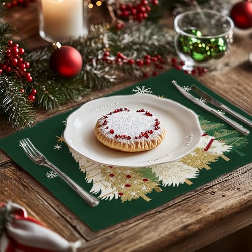 GEEORY Christmas Placemats 12x18 Inch Set of 4, Xmas Trees Snowflakes Winter Seasonal Holiday Farmhouse Kitchen Dining Table Decoration for Indoor Outdoor Dinner Party Décor (Green) GP127-18