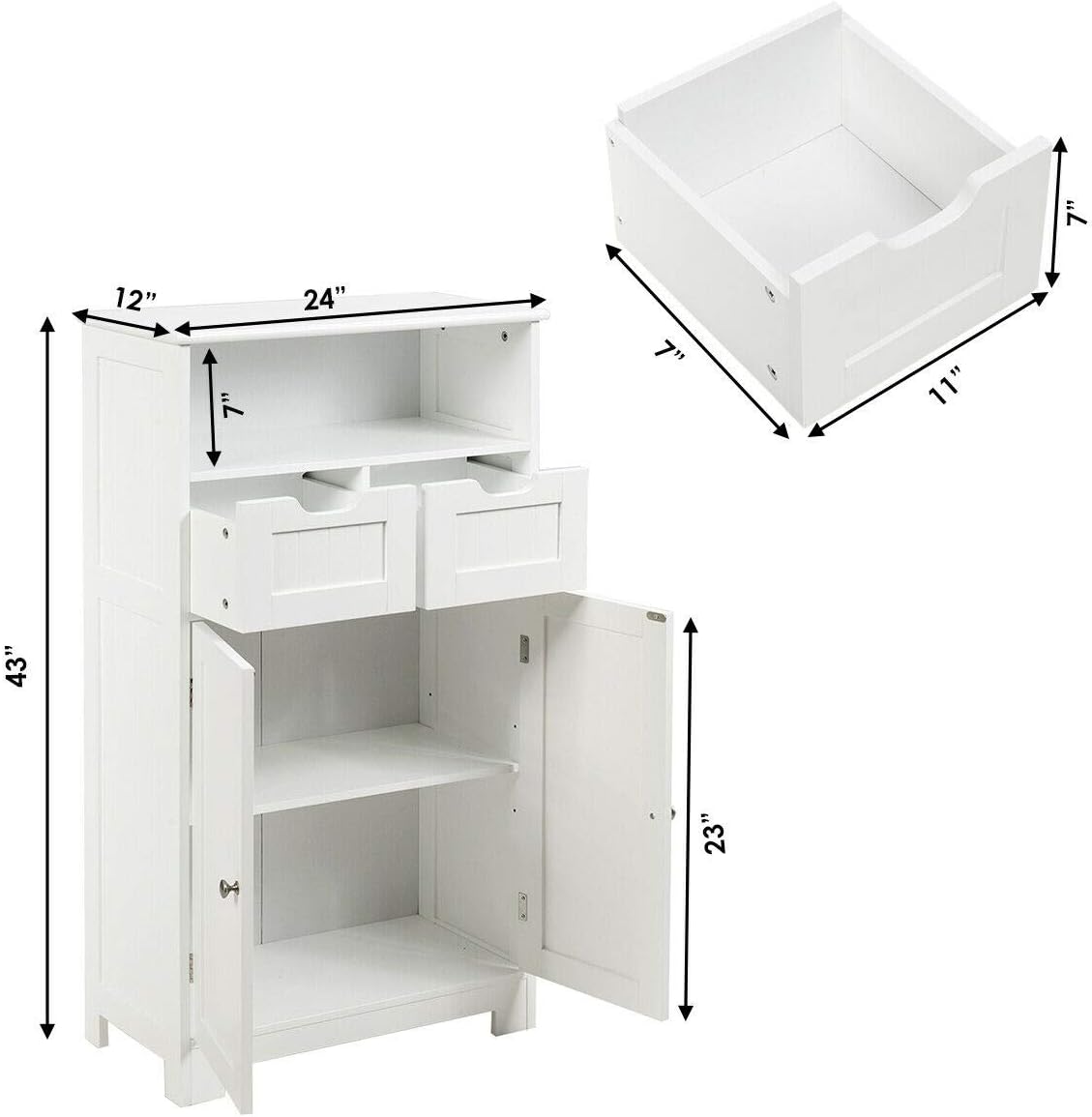 Elegant Design Multifunction Freestanding Bathroom Floor Cupboard Cabinet Storage Organize with 2 Drawer Adjustable 2 Doors Sturdy Durable for Toilet, Living Room, Bedroom, Corridor, Office White