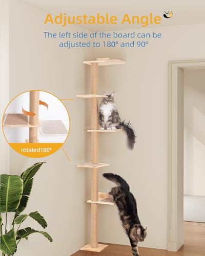 Tall Cat Tree for Wall with 15.8in Large Perch, 5 Tier Floor to Ceiling Cat Tower with Carpeted Mats, 80.3inch Cat Scratching Pole for Large Adult Cats Climb, Lookout and Play