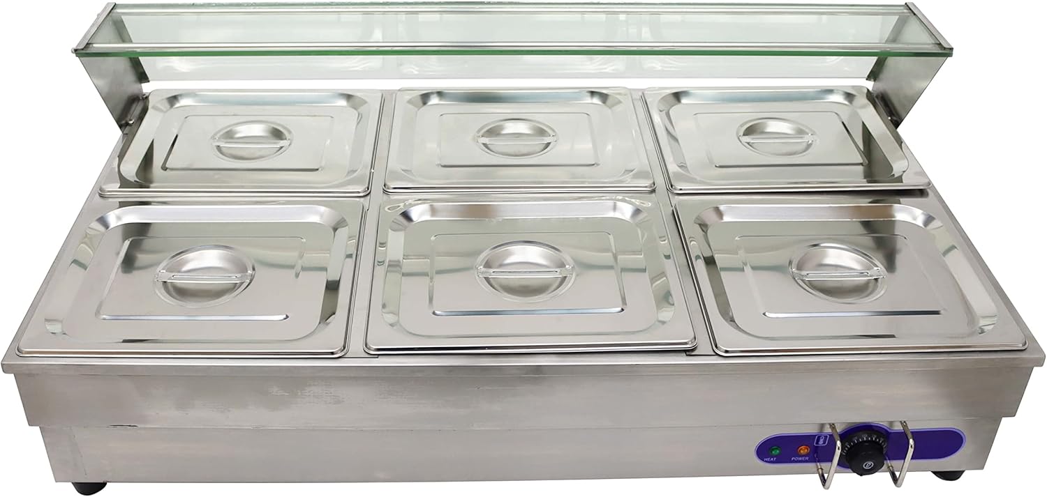 TECHTONGDA 6-Pan Bain-Marie Buffet Food Warmer Double Row Electric Steam Heater Stainless Steel Parties Catering Restaurants 2000W