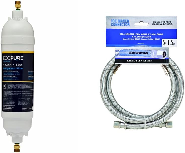 EcoPure EPINL30 5 Year in-Line Refrigerator Filter, White & Eastman 41033 Braided Stainless Steel Ice Maker Connector, 1/4 inch Comp, 5 Ft Length, 5'