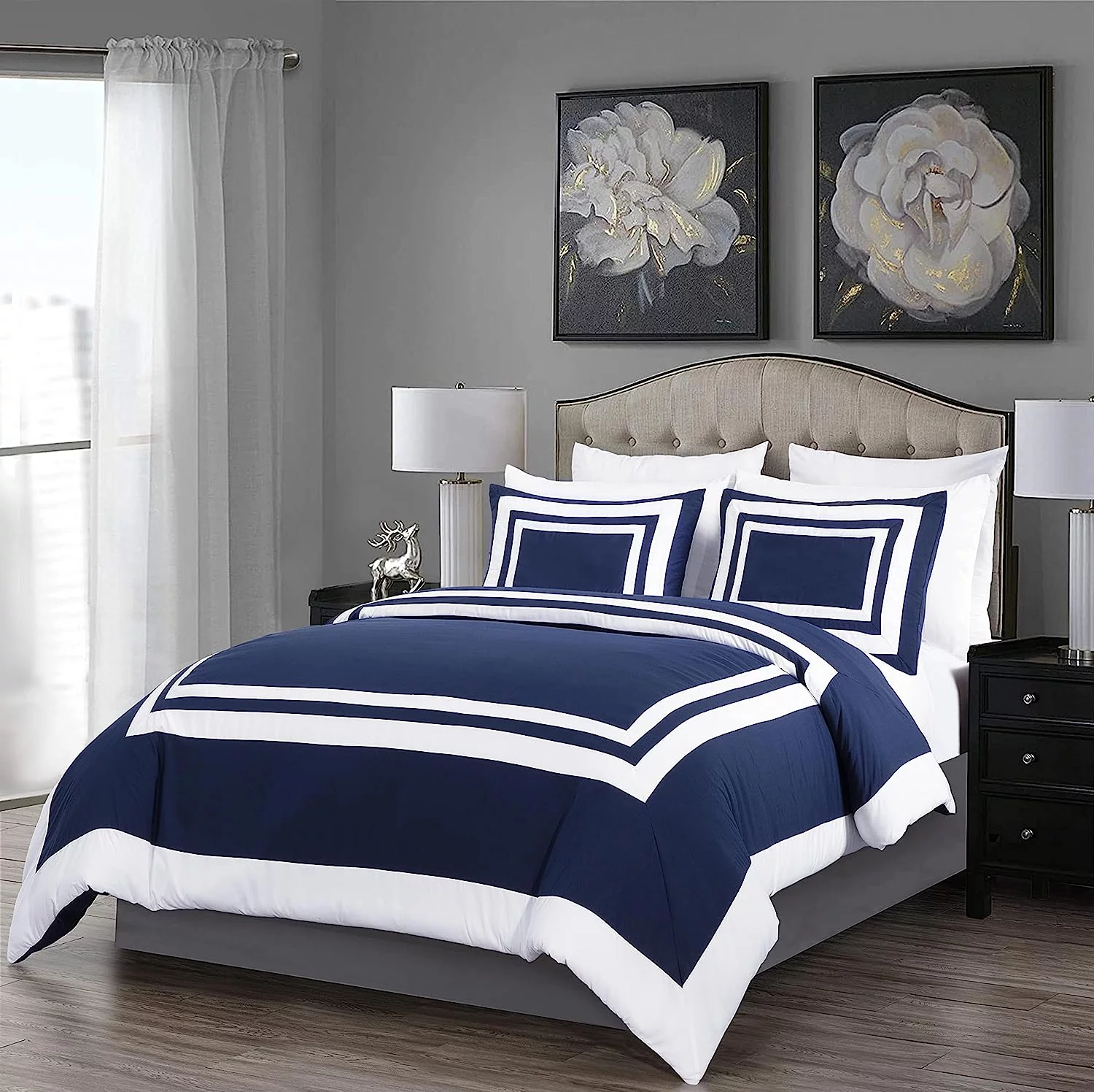 Chezmoi Collection Wyatt 7-Piece King Bed in a Bag Comforter Set with Sheets Hotel Style Navy/White Square Pattern Bedding Set