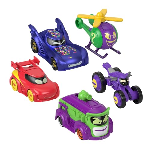 Fisher-Price DC Batwheels 1:55 Scale Toy Cars 5-Pack, Bam Batmobile Redbird Prank Bibi & Quizz, Batcast Metal Diecast Vehicles, Ages 3+