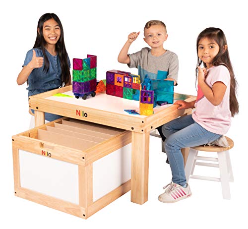 NILO Kids Play Table Set with 2 Compatible Lego Duplo Detachable Two-Sided Baseplates/Boards/Mats (N34 Activity Table without Holes, 24x32x20 and 2X Green Base Plates 12x32)