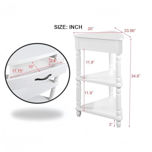 3-Tier Corner Shelf with Drawer, Living Room Corner Cabinet with Solid Wood Legs, Small Corner Table with Storage, Corner Hutch Cabinet for Dining Room, Kitchen, Bedroom, White