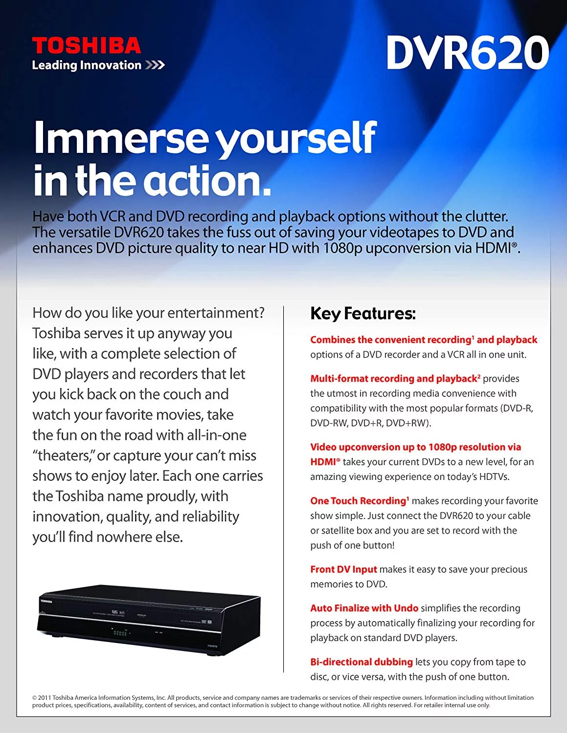 Toshiba DVR620 DVD Recorder / VCR (used) with 1080p Up-conversion, comes with Remote, Manual and HDMI Cable