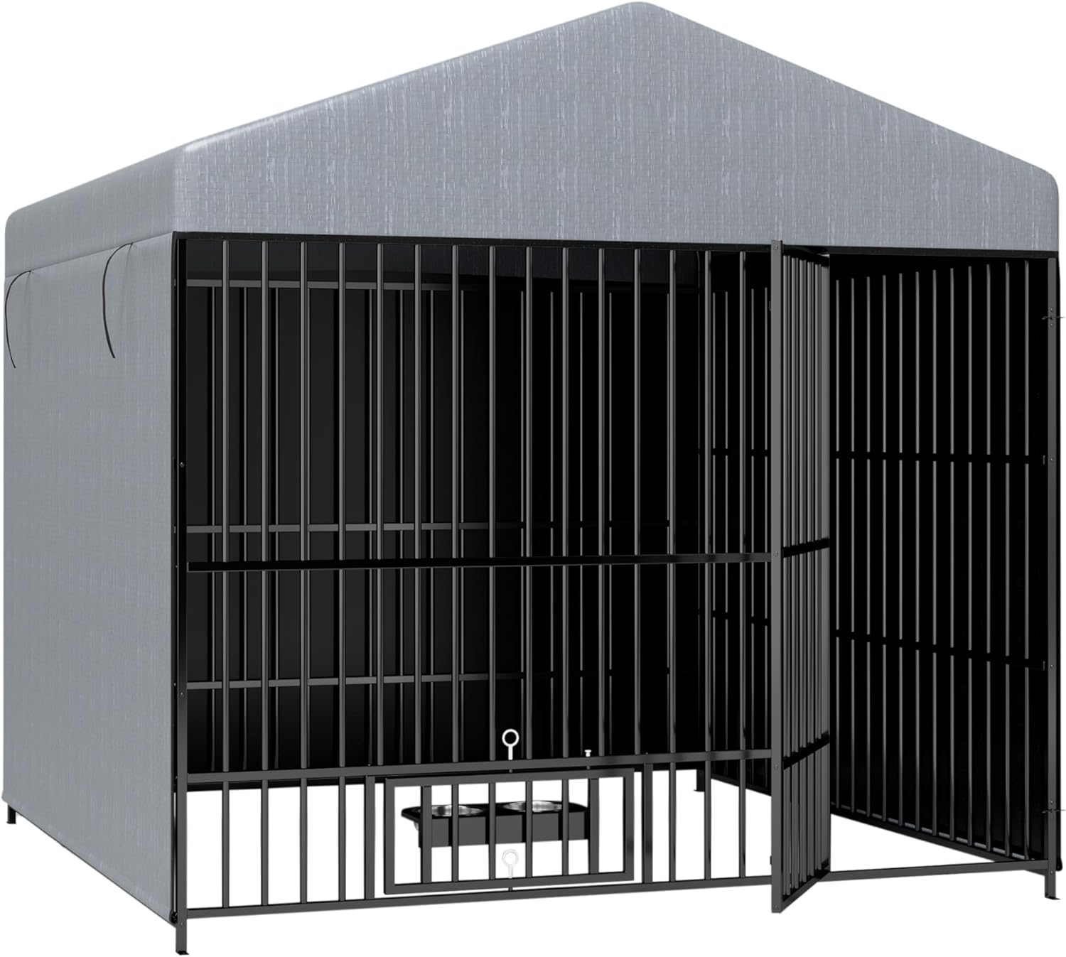 Large Outdoor Dog Kennel with Bowls, Metal Pet Pens Dogs Enclosure Animal Hutch Run Chain Link Fence House w/Waterproof Cover Roof (6.6'L x 6.6'W x 6.4'H)