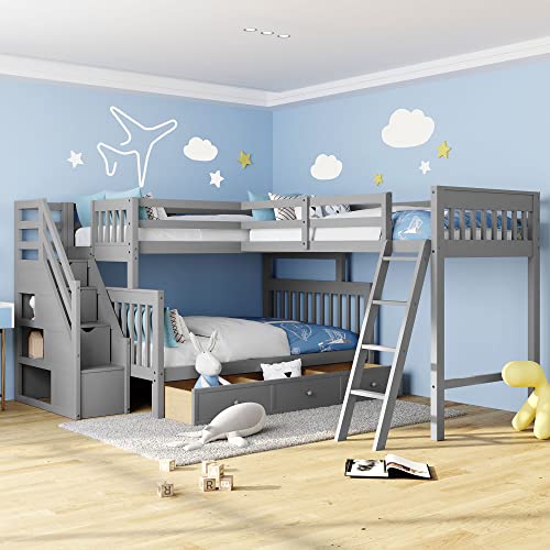Twin Over Full L-Shaped Wooden Bunk Bed with Storage Drawers, Ladder and Staircase, Triple Bunk Bed Frame for 3 Kids Teens Adults, Gray
