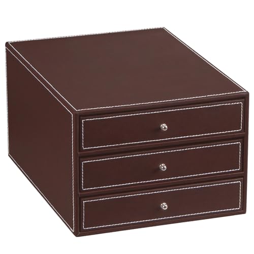 Desk Organizer with Drawers, 3 Drawer Storage Organizer, PU Leather Tabletop Storage Cabinet Organization Box with 3 Drawers for Makeup,Home Office Supplies/A4 Paper/Magazine/Book