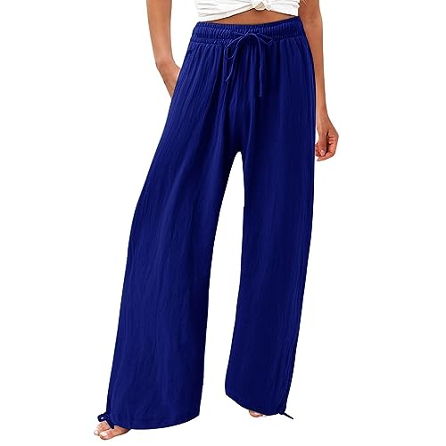 Women Linen Palazzo Pants Summer Comfy Flowy Wide Leg High Waist Casual Loose Beach Lounge Pant Trouser