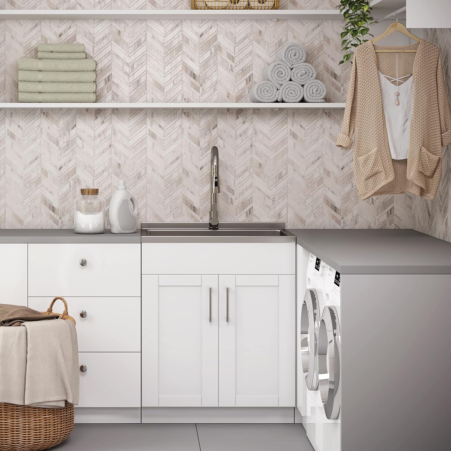 SIMPLIHOME Modern Wide Shaker Transitional 28 Inch Laundry Cabinet with Faucet and Stainless Steel Sink in White, For the Laundry Room and Utility Room