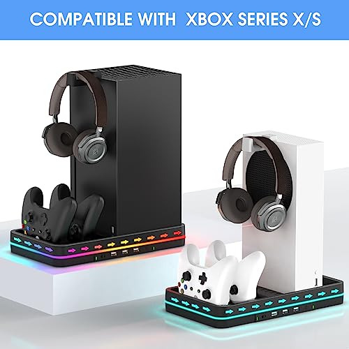 KEPLUG Dual Cooling Fan and Cooling Stand for Xbox Series X/S Console/Controller Dual Controller Charger Station with RGB LED Light & 3 USB Ports,Xbox Series x Accessories with 2 Headphone Hooks