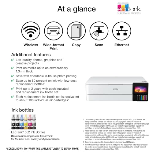Epson EcoTank Photo ET-8550 Wireless Wide-Format All-in-One Supertank Printer with Scanner, Copier, Ethernet and 4.3-inch Color Touchscreen, Large, White