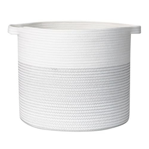 Cotton Rope Basket, Round Woven Baskets for Storage, Blanket Basket Living Room, Storage Basket with Handles for Book, Clothes for Organizing, 15.8”x15.8”x13.8”, White & Grey