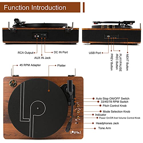 LP&NO.1 Record Player Turntable with Built-in Speakers and USB Play&Recording Belt-Driven Vintage Phonograph Record Player 3 Speed for Entertainment and Home Decoration（Mahogany Wood）