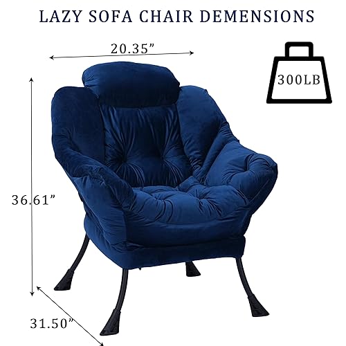 Living Room Chairs Modern Cotton Fabric Lazy Chair, Accent Contemporary Lounge Chair, Single Steel Frame Leisure Sofa Chair with Armrests and A Side Pocket (Blue)