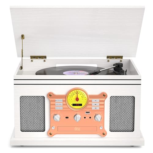 10 in 1 Vintage Bluetooth Record Player Turntable with Built-in Speakers, Vinyl Turntable CD Cassette Player & AM/FM Radio Combo Multimedia Center, USB Recording, RCA Out AUX in, White Wood