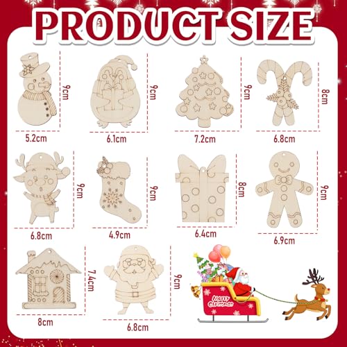 DECYOOL 50 Pieces Christmas Wooden Ornaments Blanks Pendants Unfinished Wood Slices Hanging for Festivals DIY Crafts Decoration, 10 Styles