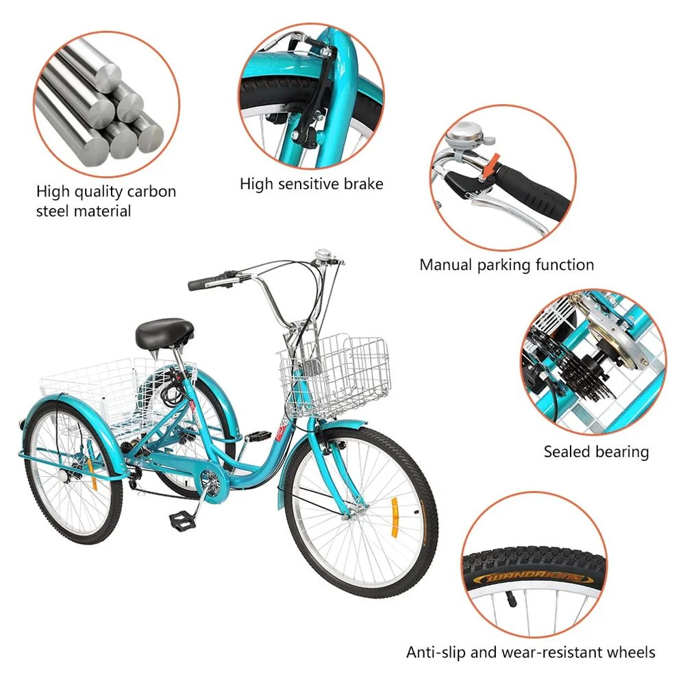 PEXMOR Adult Trike 7 Speed, 24/26 Inch Tricycle for Adult Three-Wheeled Cruiser Bike w/ Folding Front & Rear Basket Adjustable Height Seat for Recreation, Shopping Men's Women's Bike