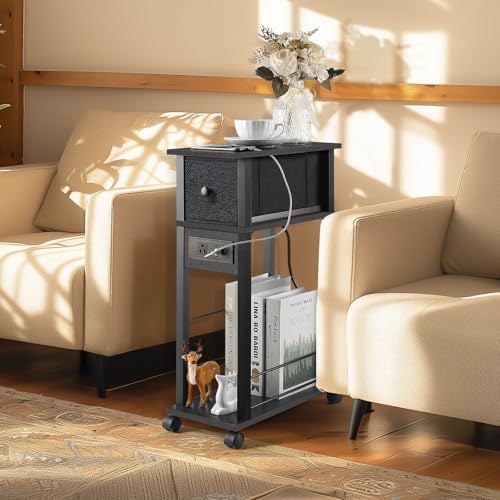 Side Table with Charging Station and Drawer, Narrow End Table with USB Ports and Outlets for Small Space, Living Room, Bedroom and Office, with 4 Wheels Black
