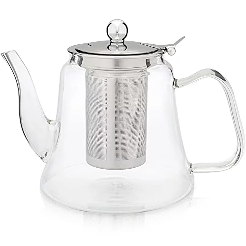 Teabloom Siena Glass Teapot – Borosilicate Glass Teapot With Removable Loose Tea Infuser – Stovetop Safe – Large Capacity – 40 oz. / 1200 ml (4-5 Cups)