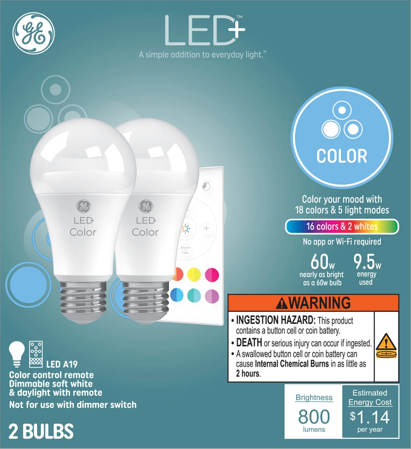 GE LED+ Color-Changing LED Light Bulbs, 60 Watt, A19 Bulbs, Medium Base, 2pk