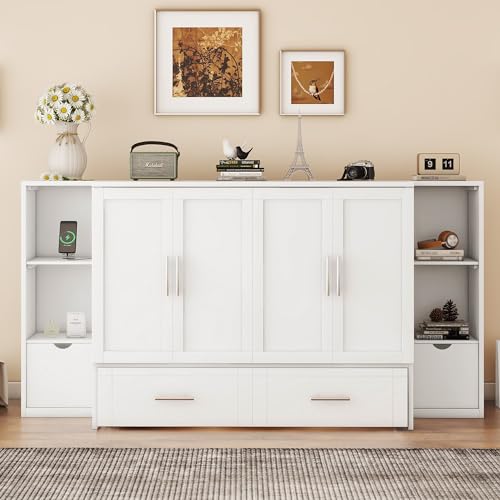 Queen Size Murphy Wall Bed with Storage, Bookcase Headboard, Solid Wood Cabinets, Shelves, Drawers and USB Ports, Multi-Function Platform Bed for Home Office, Guest Room (White)